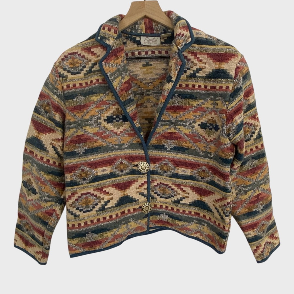 Vintage Fiorlini Multicolor Southwest Print Tapestry Jacket Size Medium